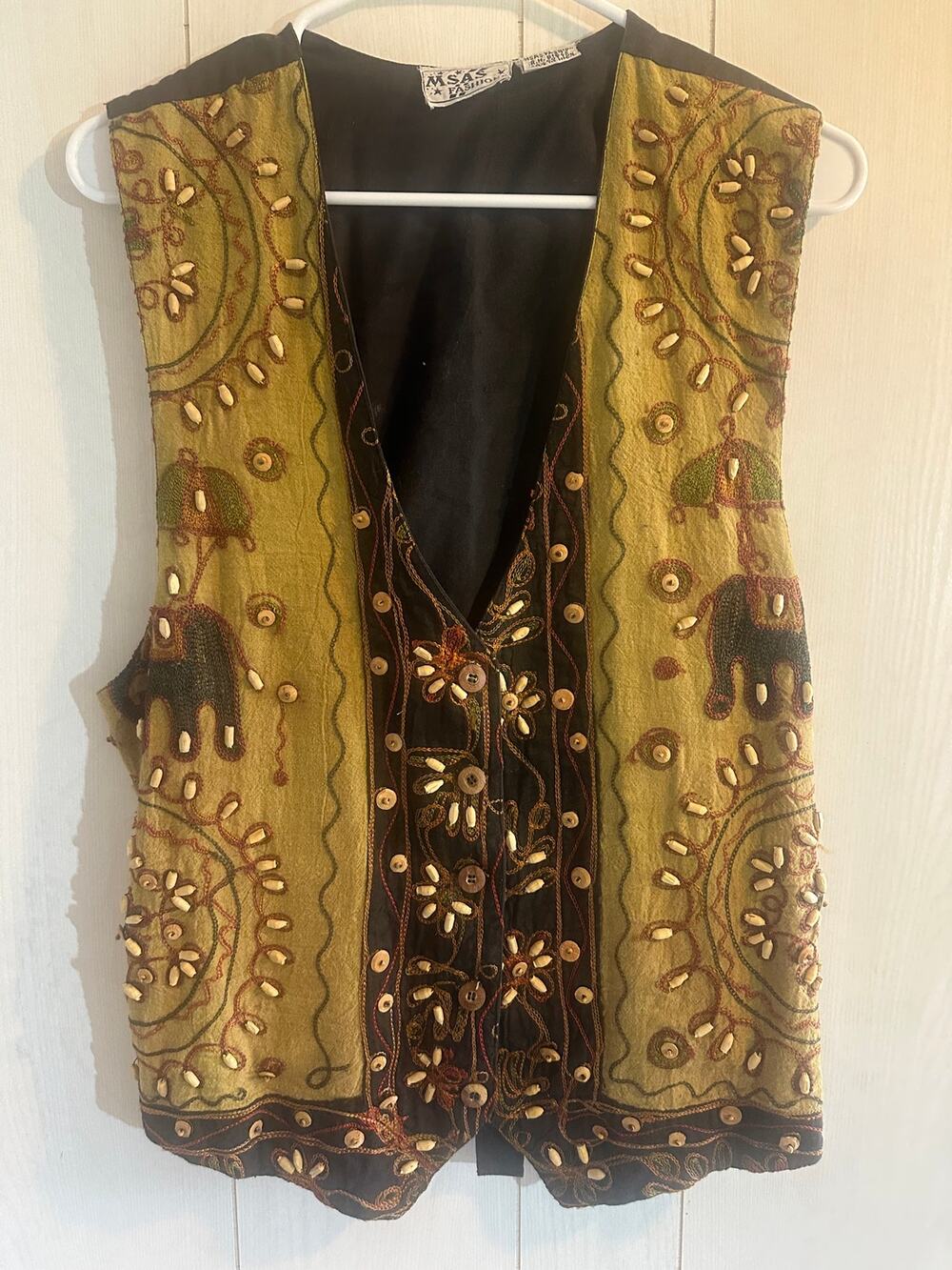 Vintage 90s MSAS Fashions Embroidered Elephant Velvet Vest Medium Boho India